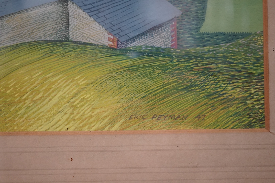 Eric Peyman, in the style of Eric Ravilious (1903-1942), gouache, Farmstead before the coast, signed and dated '47, 33 x 47cm. Condition - good